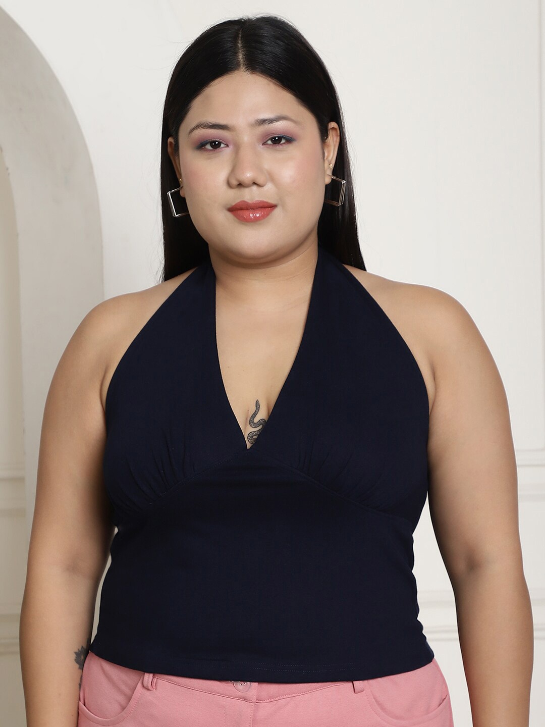 

theRebelinme Plus Size Halter Neck Regular Top, Navy blue