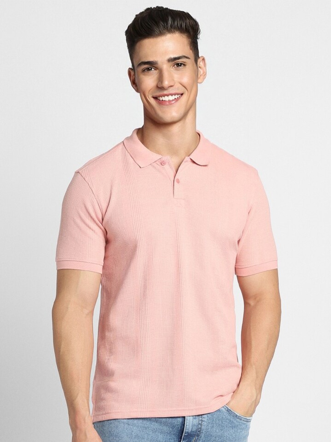 

FOREVER 21 Textured Short Sleeves Polo Collar T-shirt, Pink