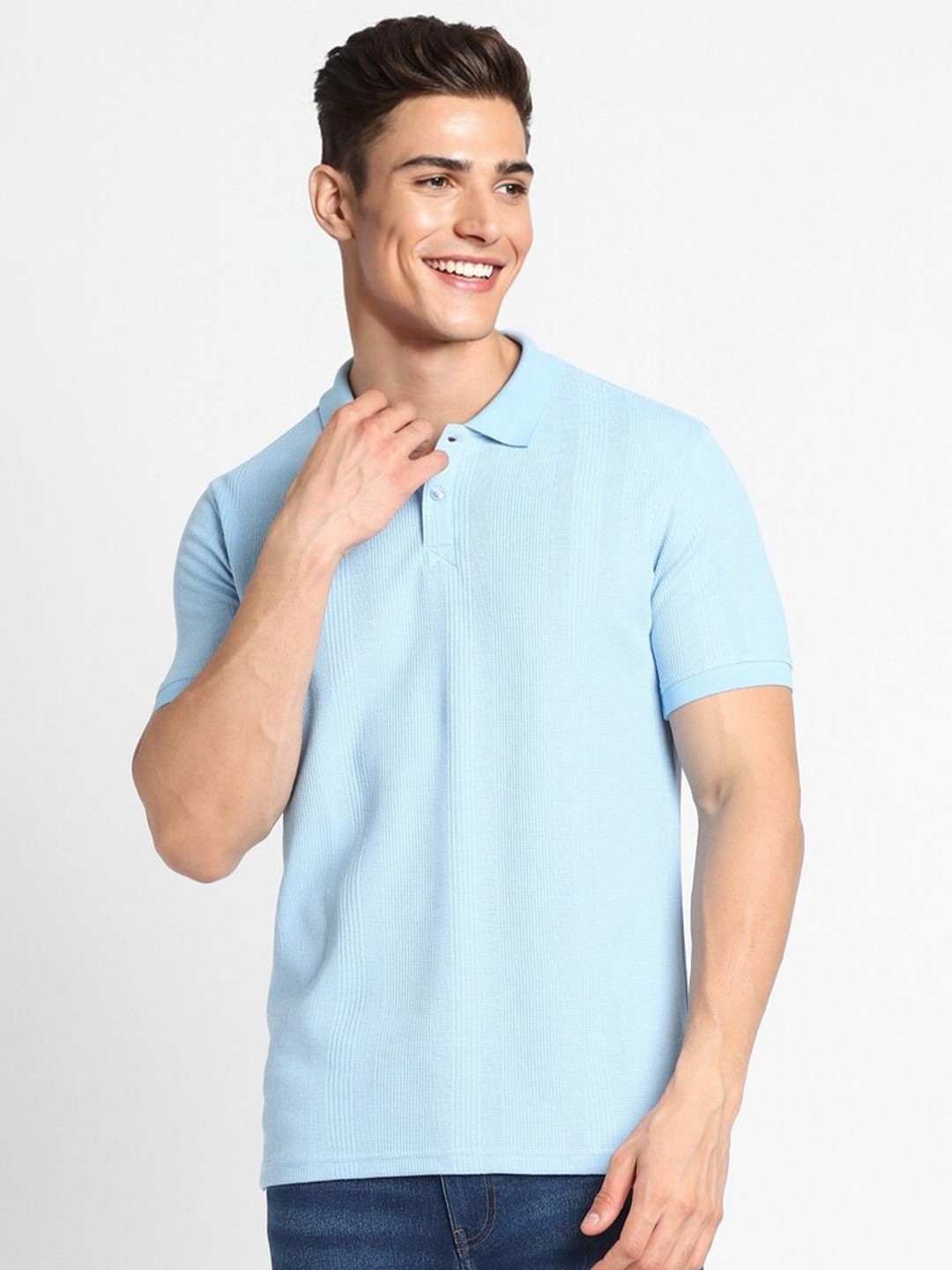 

FOREVER 21 Self Design Polo Collar T-shirt, Blue