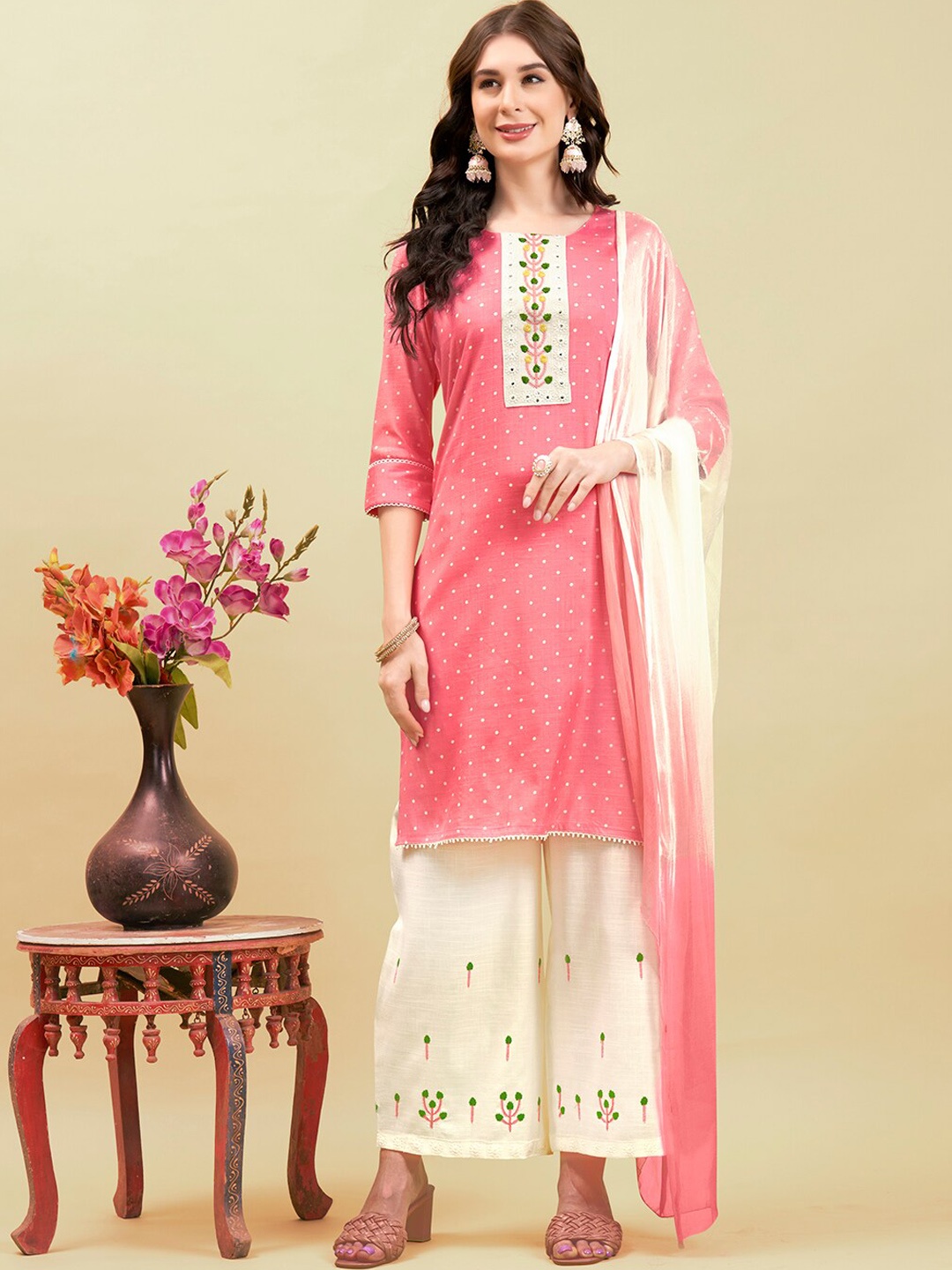 

Anouk Pink Polka Dots Printed Thread Work Pure Cotton Kurta with Palazzos & Dupatta