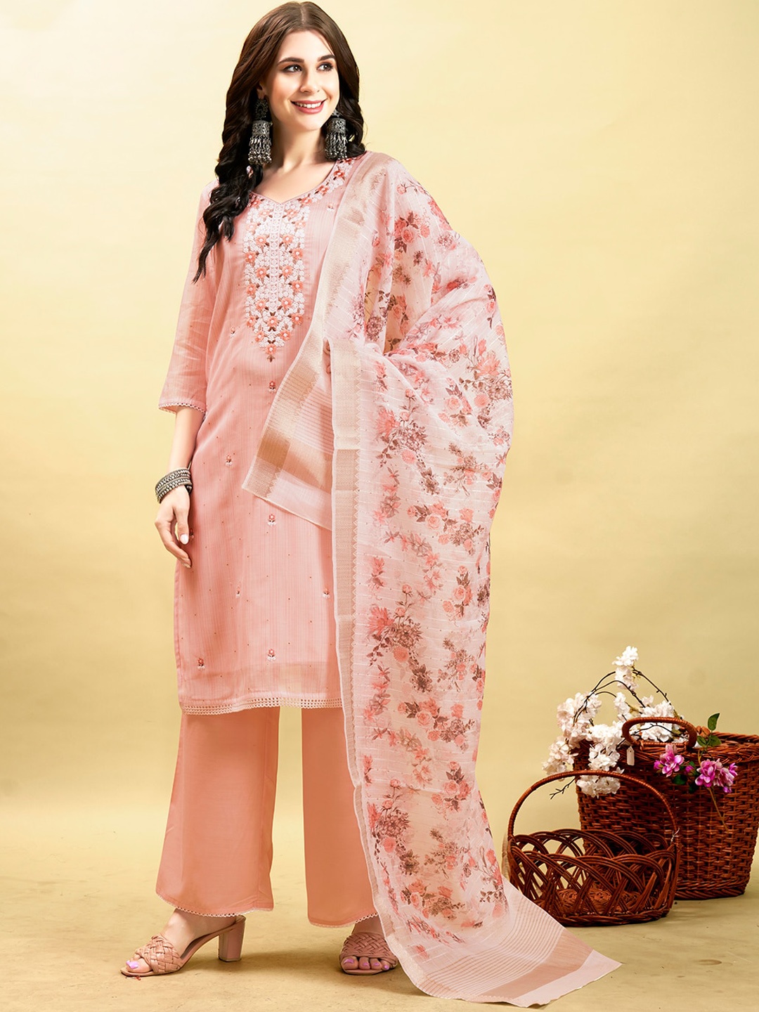 

Anouk Pink Floral Embroidered Thread Work Chanderi Silk Kurta With Palazzos & Dupatta