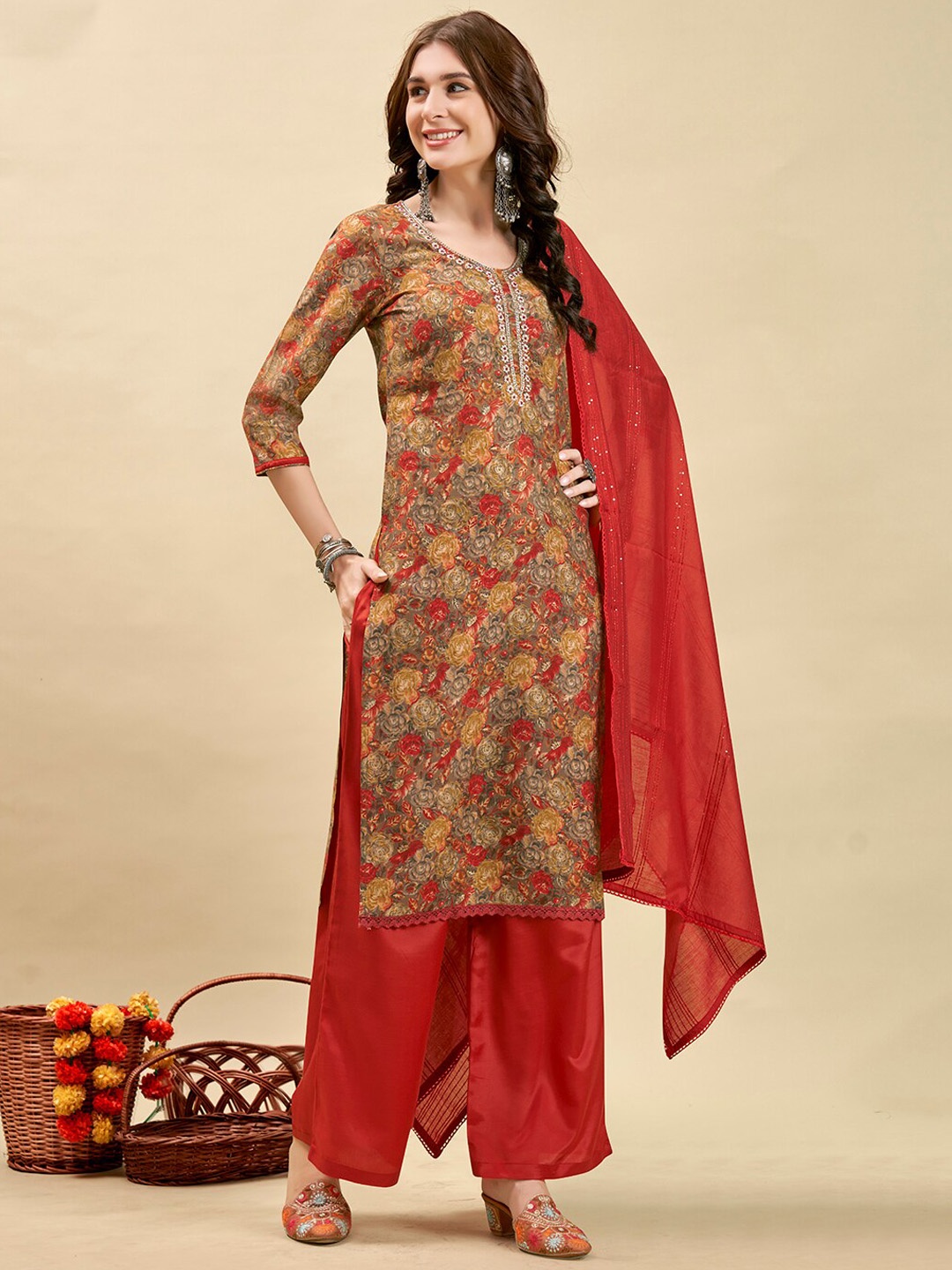 

Anouk Rust & Red Floral Printed Beads & Stones Kurta with Palazzos & Dupatta
