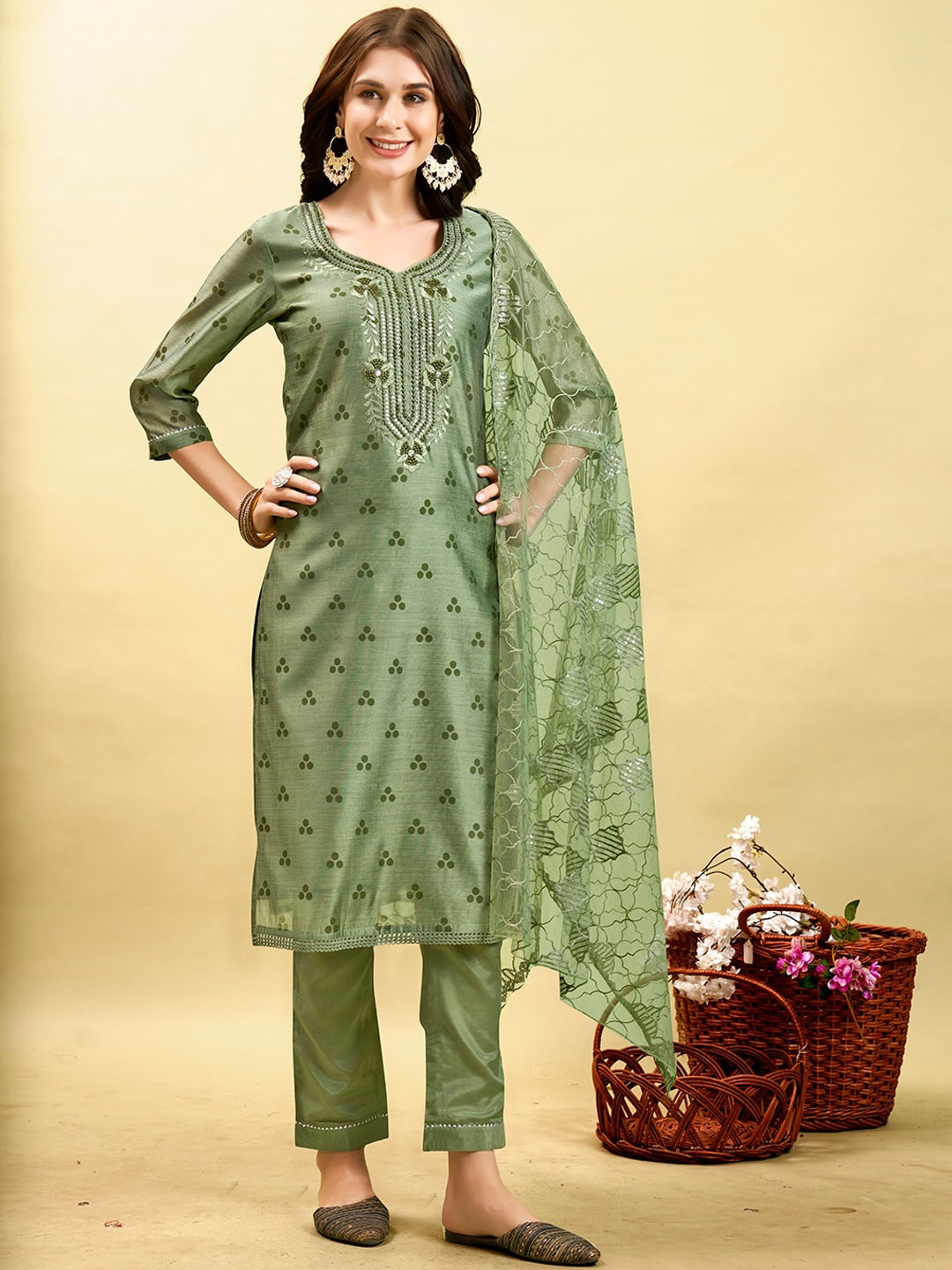 

Anouk Geometric Printed Thread Work Chanderi Silk Kurta With Trousers & Dupatta, Olive