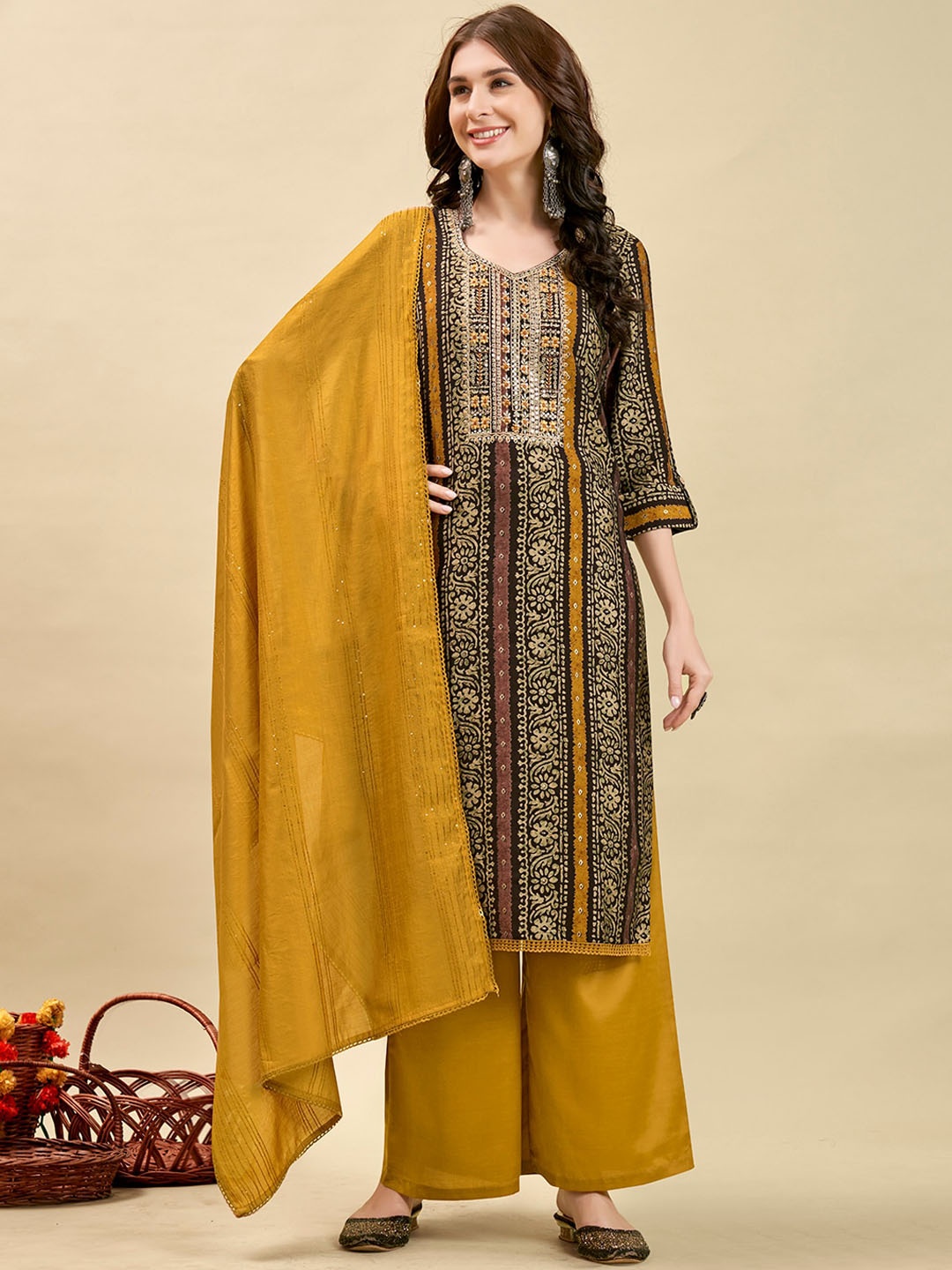 

Anouk Ethnic Motifs Printed Mirror Work Kurta & Palazzos With Dupatta, Mustard