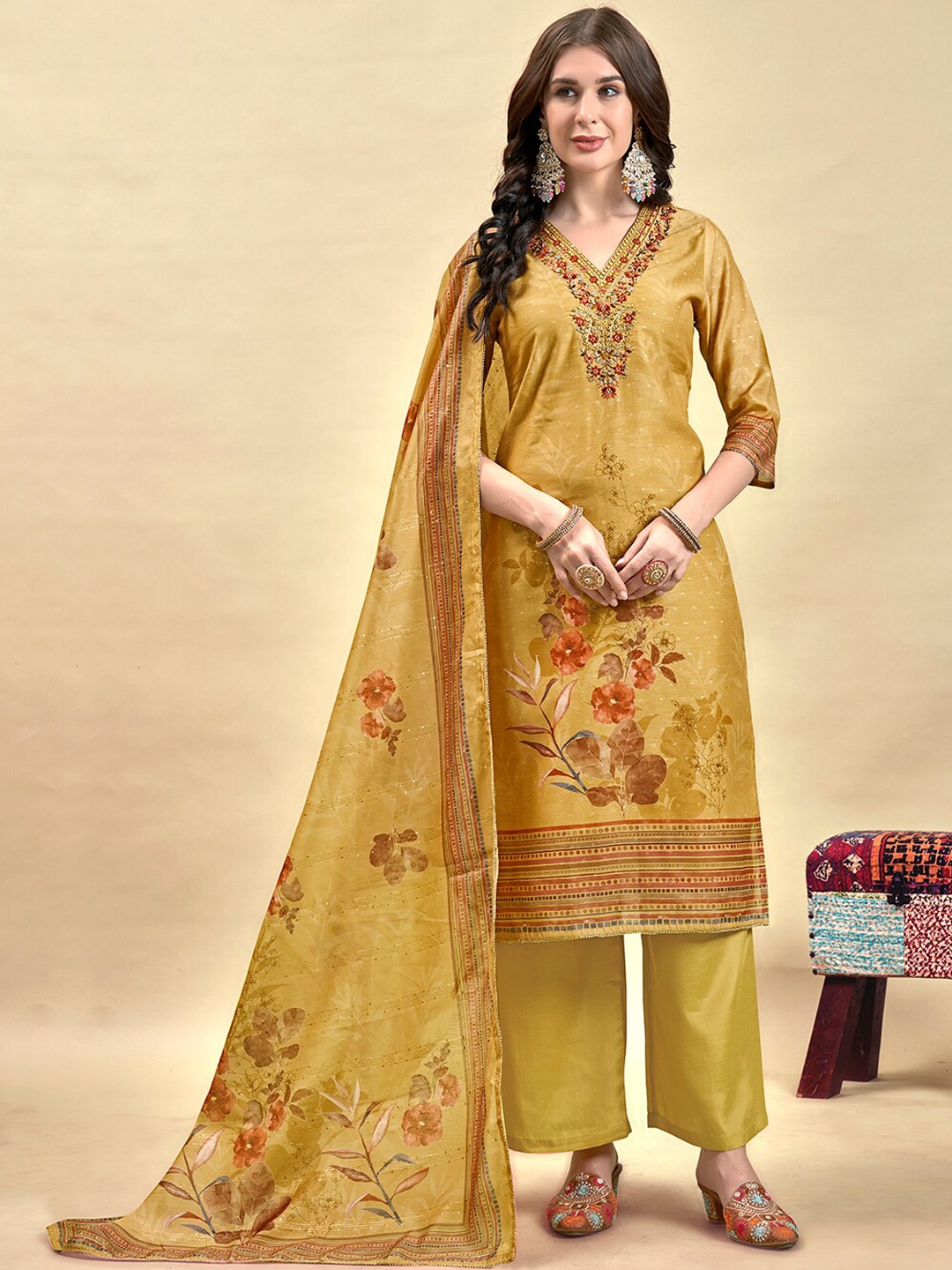 

Anouk Floral Printed Mirror Work Chanderi Silk Straight Kurta With Palazzos & Dupatta, Beige