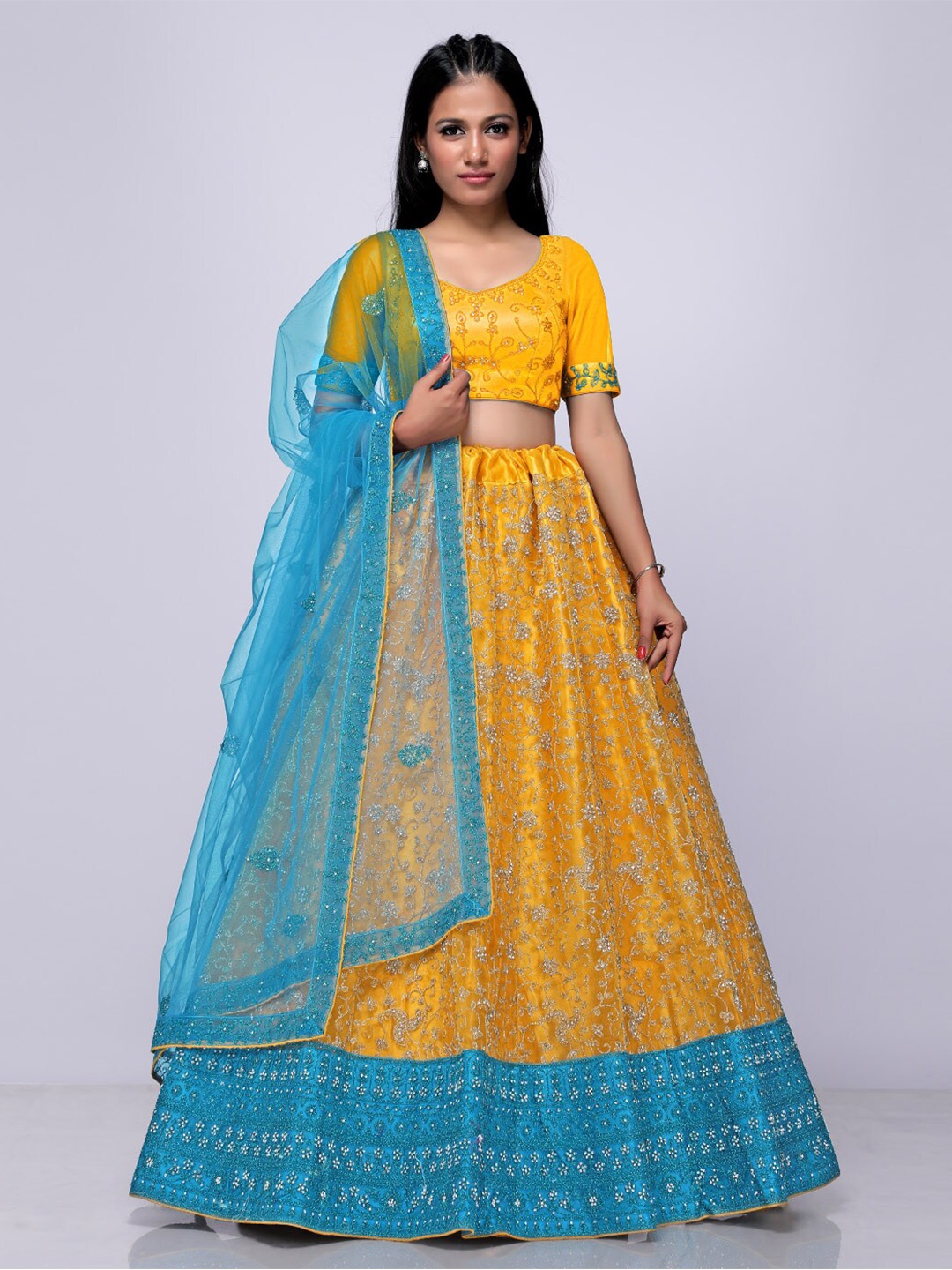 

HALFSAREE STUDIO Embroidered Net Semi-Stitched Lehenga & Unstitched Blouse With Dupatta, Mustard