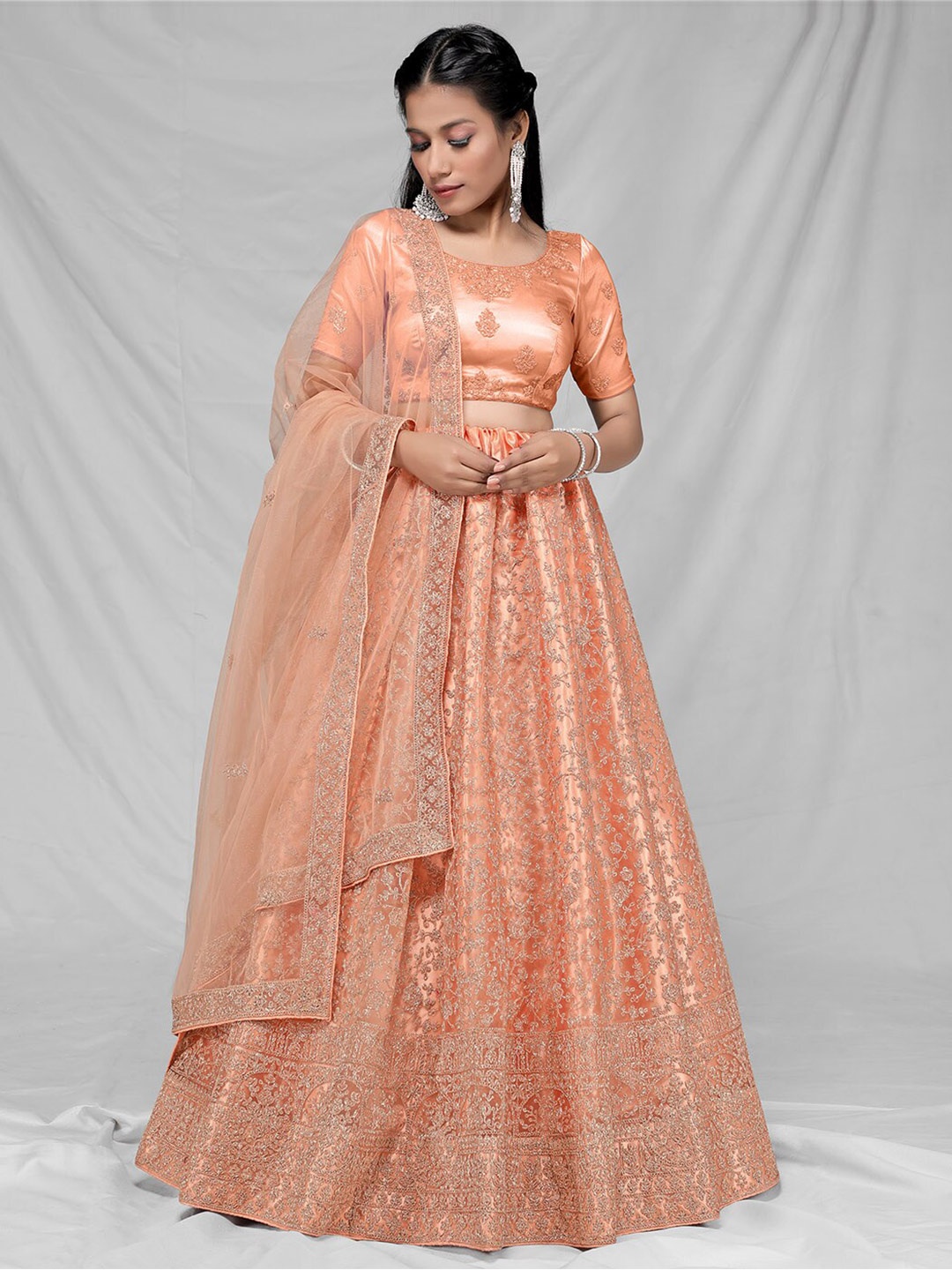

HALFSAREE STUDIO Embroidered Zari Semi-Stitched Lehenga & Unstitched Blouse With Dupatta, Peach