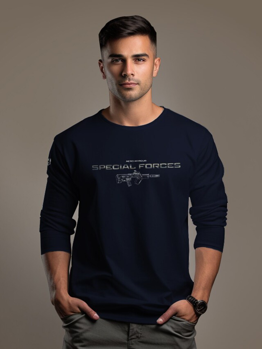 

Aero Armour Unisex Typography Printed Cotton T-shirt, Navy blue