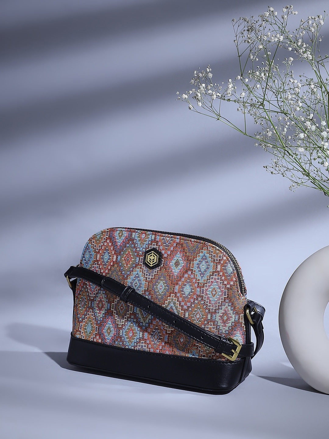 

Biba Ethnic Motifs Printed PU Miniature Sling Bag, Black