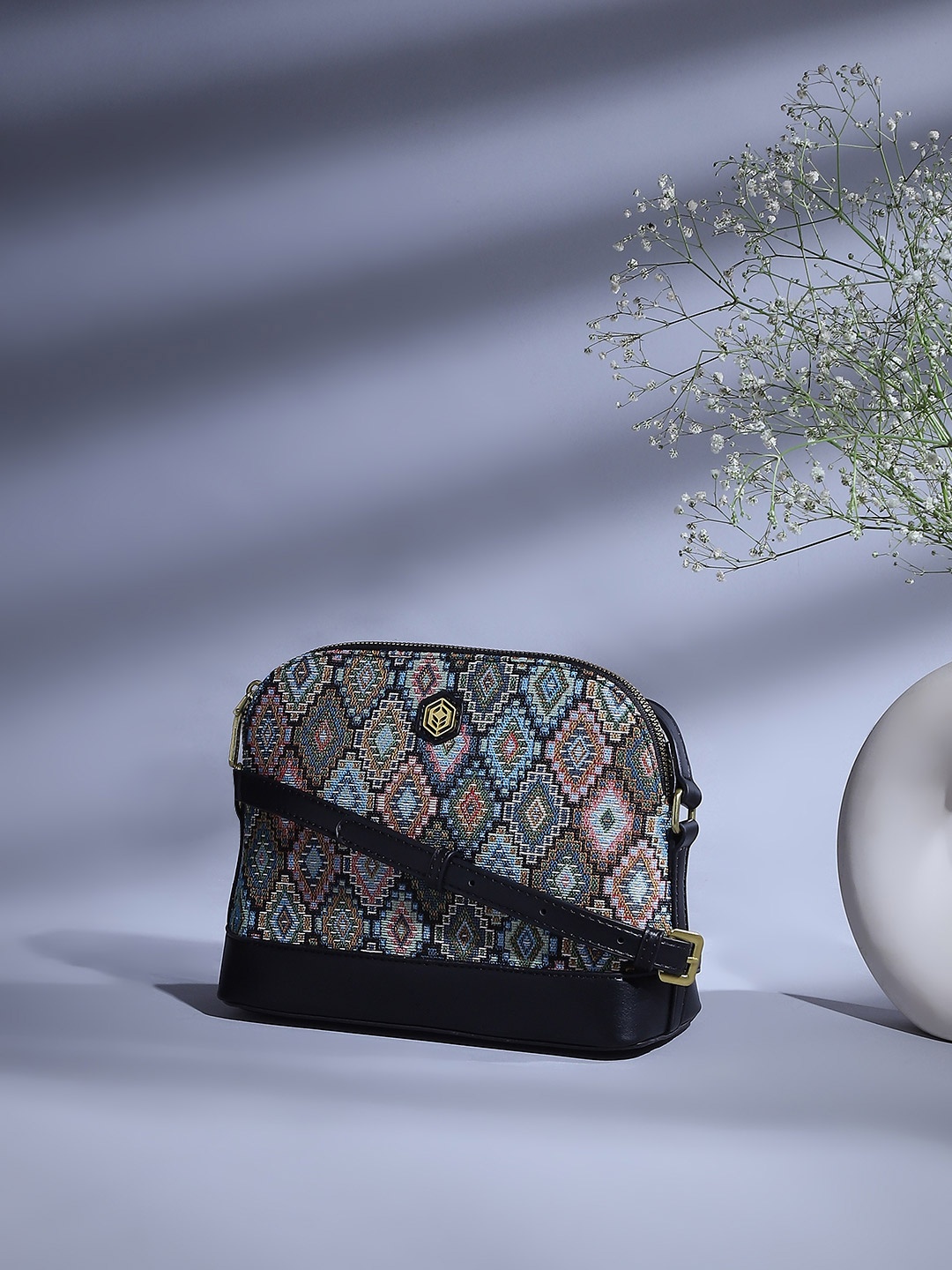 

Biba Ethnic Motif Printed Structured Sling Bag, Blue