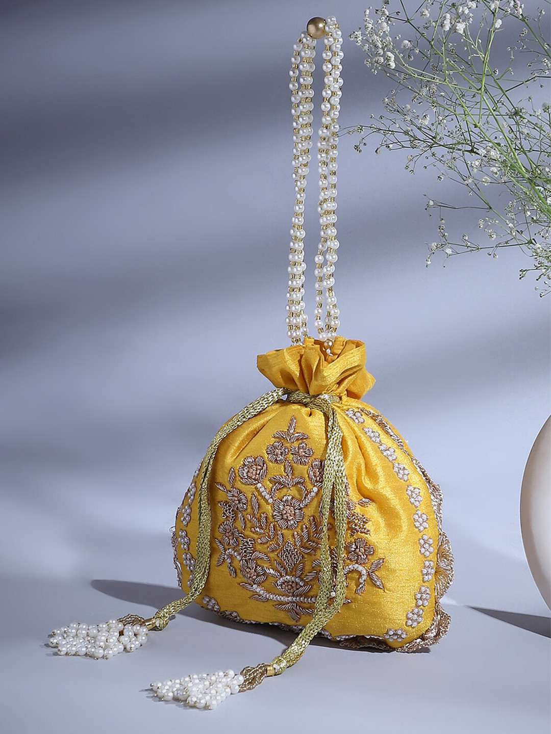 

Biba Floral Embroidered Potli Clutches, Yellow