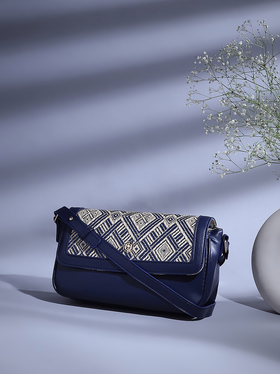 

Biba Geometric Printed Structured Sling Bag, Navy blue