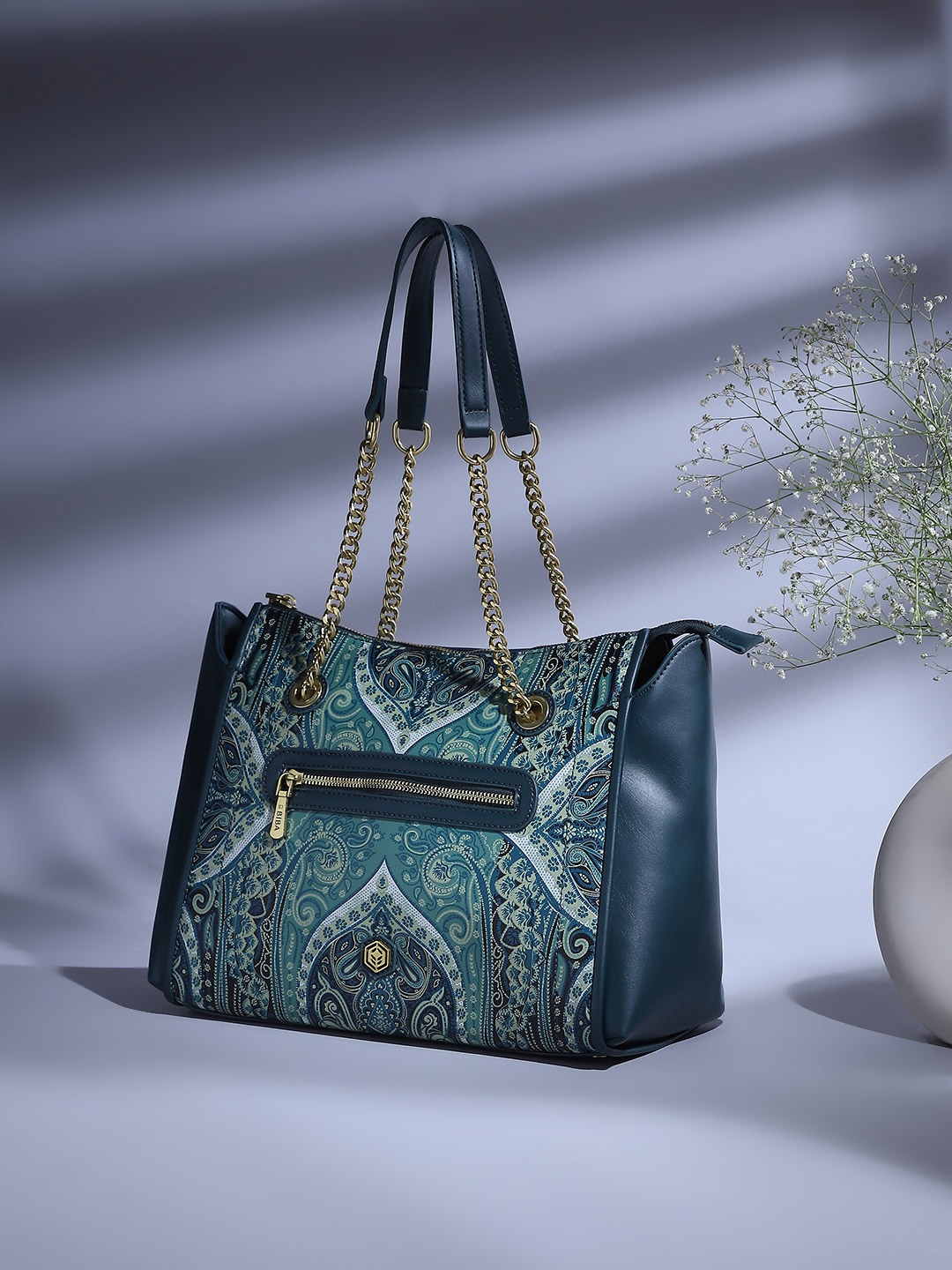 

Biba Ethnic Motifs Printed Structured Shoulder Bag, Green