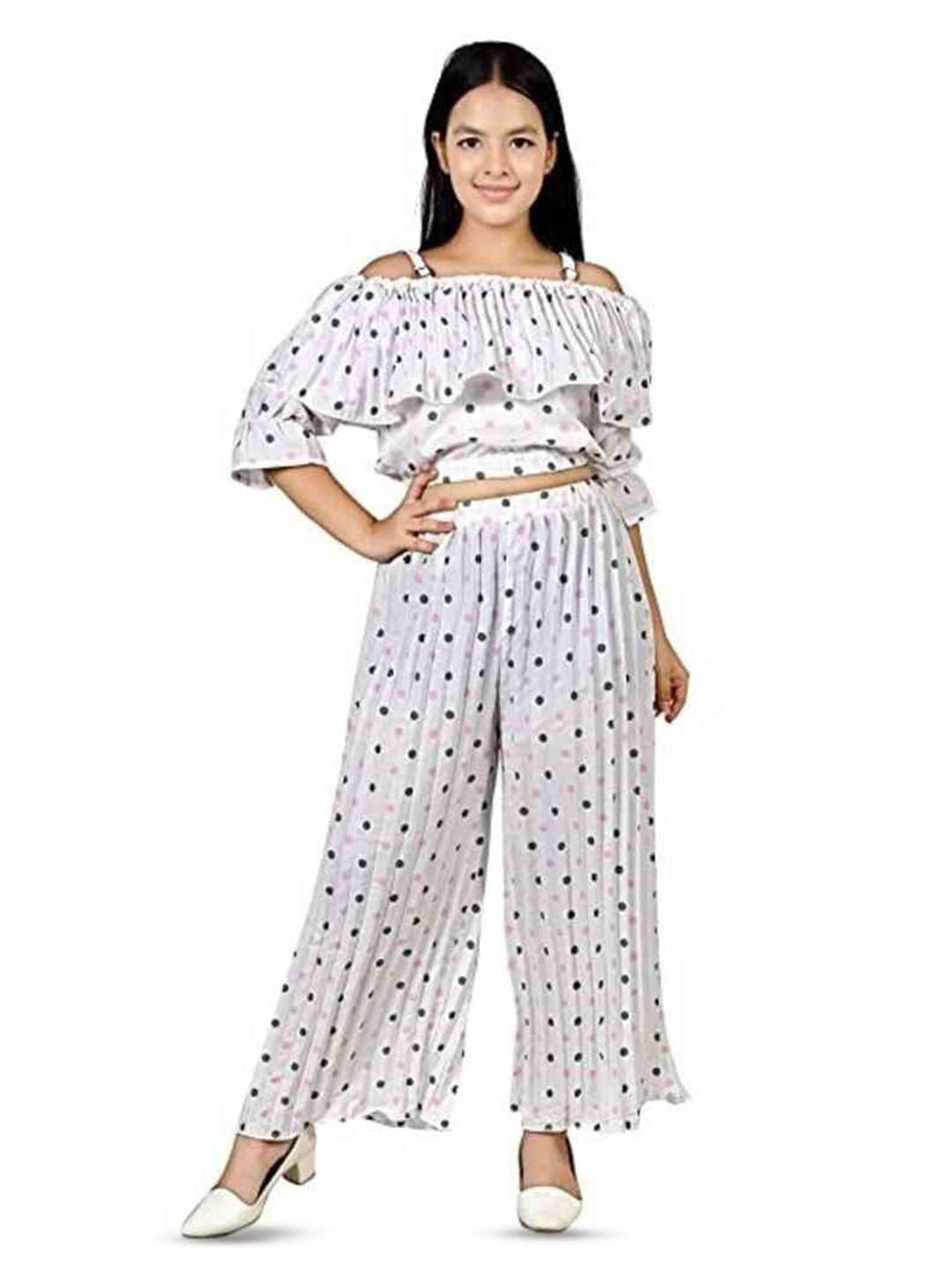 

BAESD Girls Printed Off Shoulder Top With Trousers, White