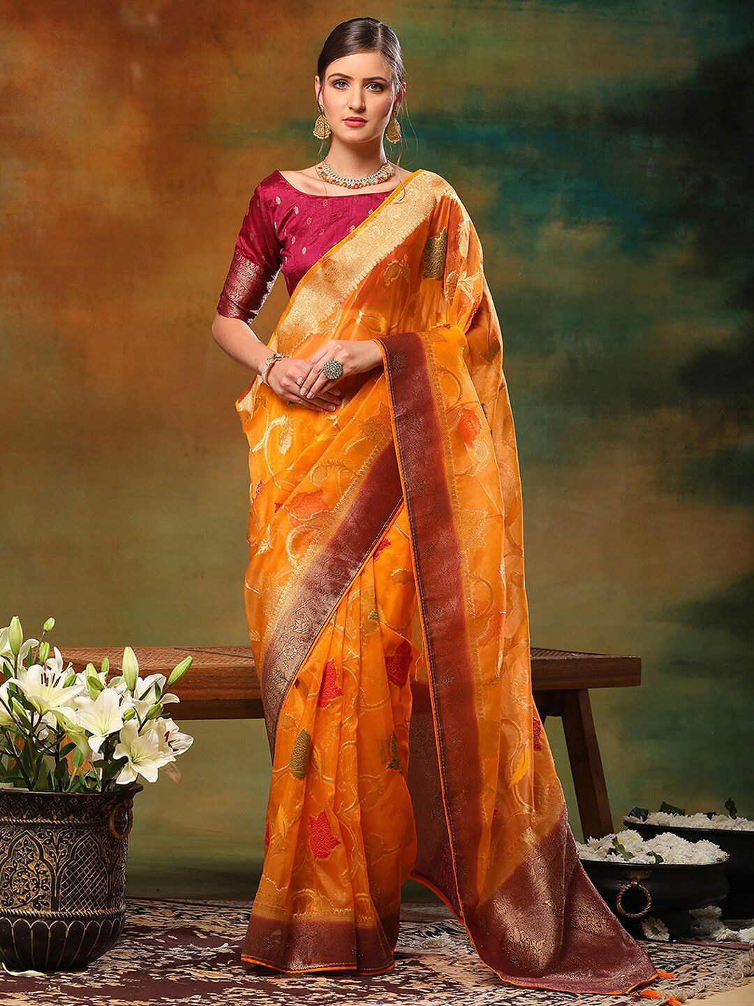 

Anouk Yellow Floral Woven Design Organza Banarasi Saree