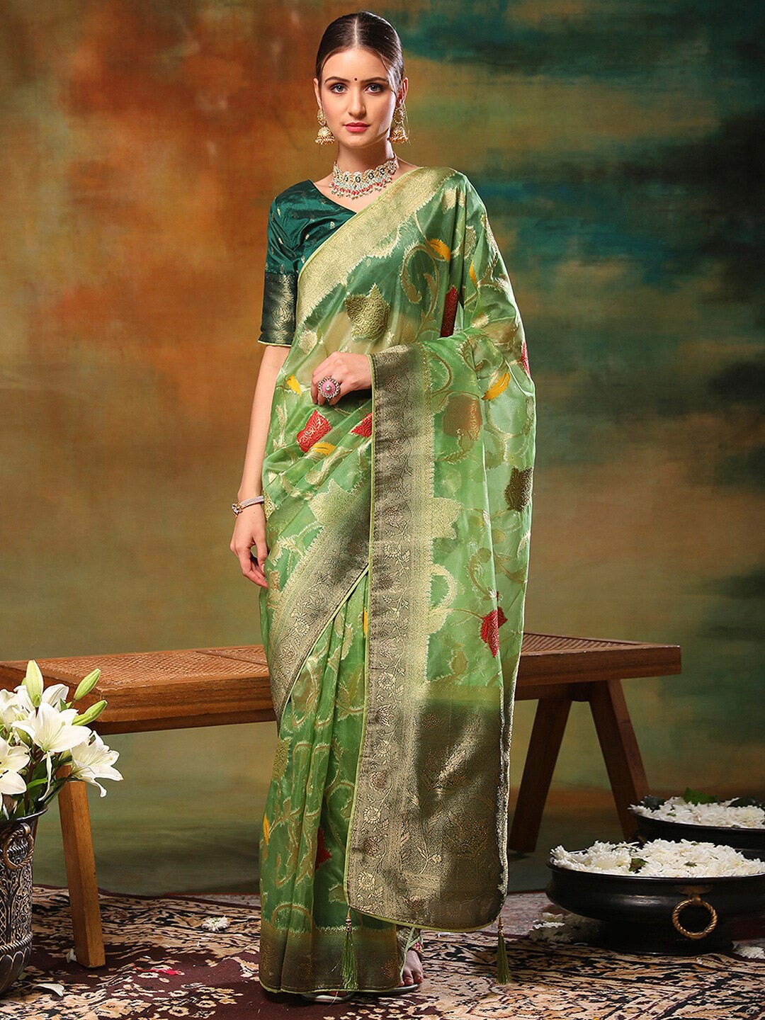 

Anouk Green Floral Woven Design Organza Banarasi Saree