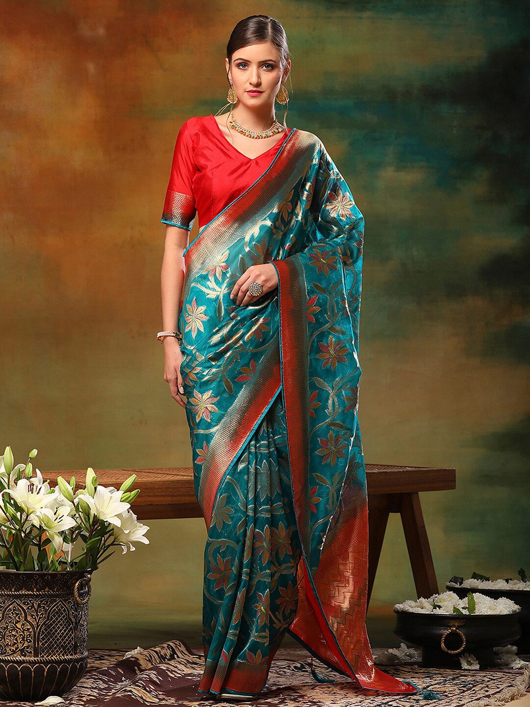 

Anouk Blue Floral Woven Design Organza Zari Banarasi Saree