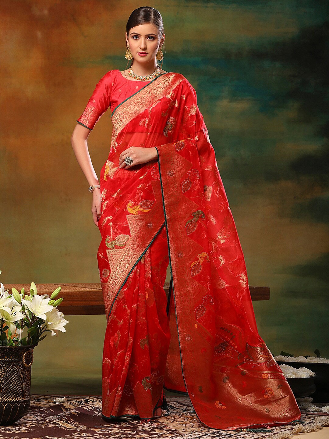 

Anouk Red Ethnic Motifs Woven Design Zari Detailed Organza Saree