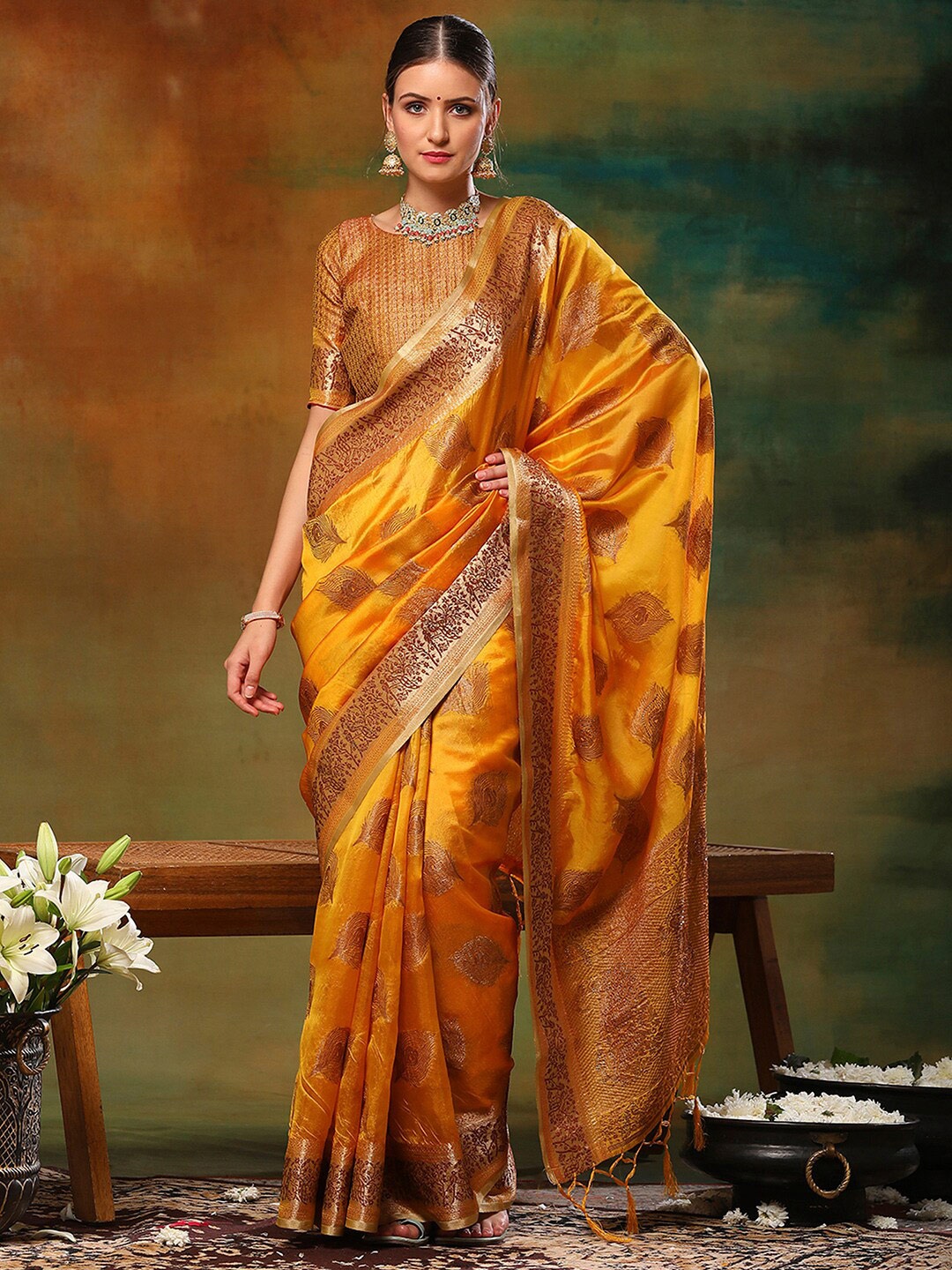 

Anouk Yellow Ethnic Motifs Woven Design Zari Detailed Organza Saree