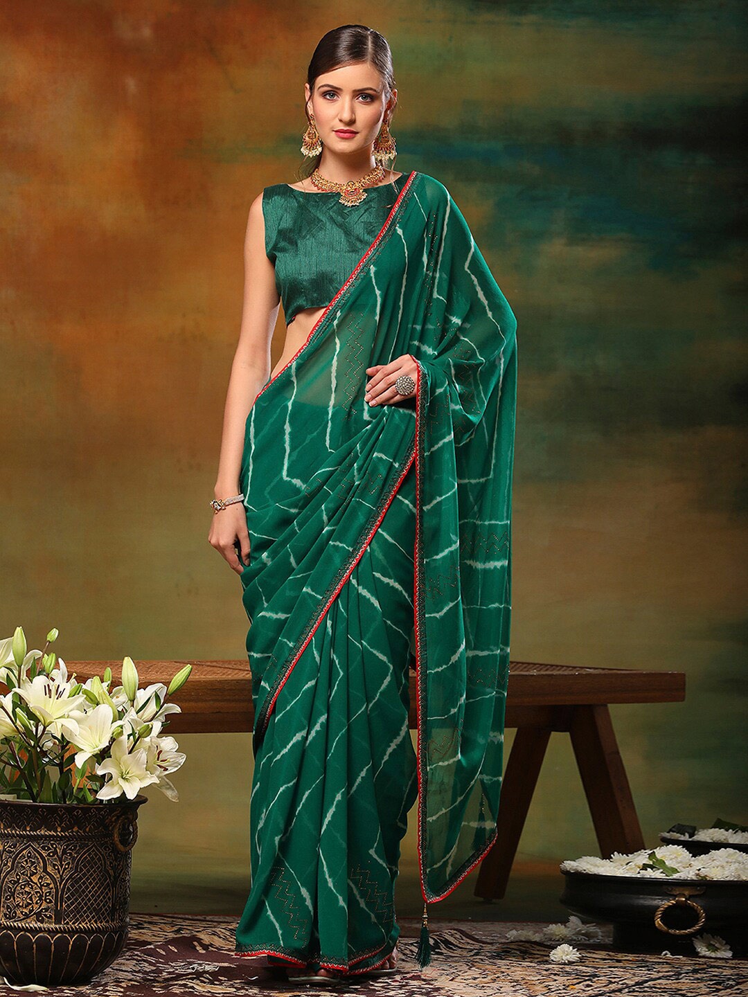 

Anouk Leheriya Printed Embellished Pure Chiffon Saree, Green