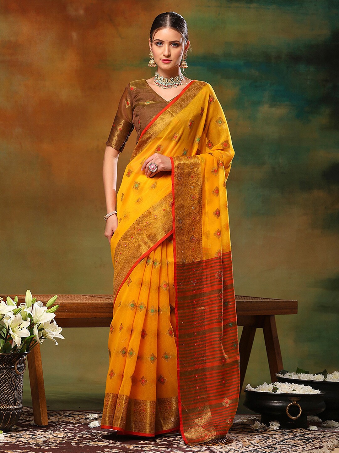 

Anouk Yellow Ethnic Motifs Woven Design Zari Banarasi Saree