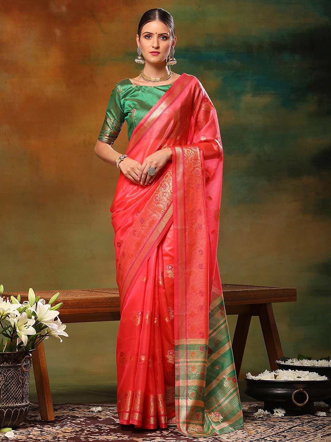 

Anouk Rustic Pink Ethnic Motifs Woven Design Zari Organza Saree