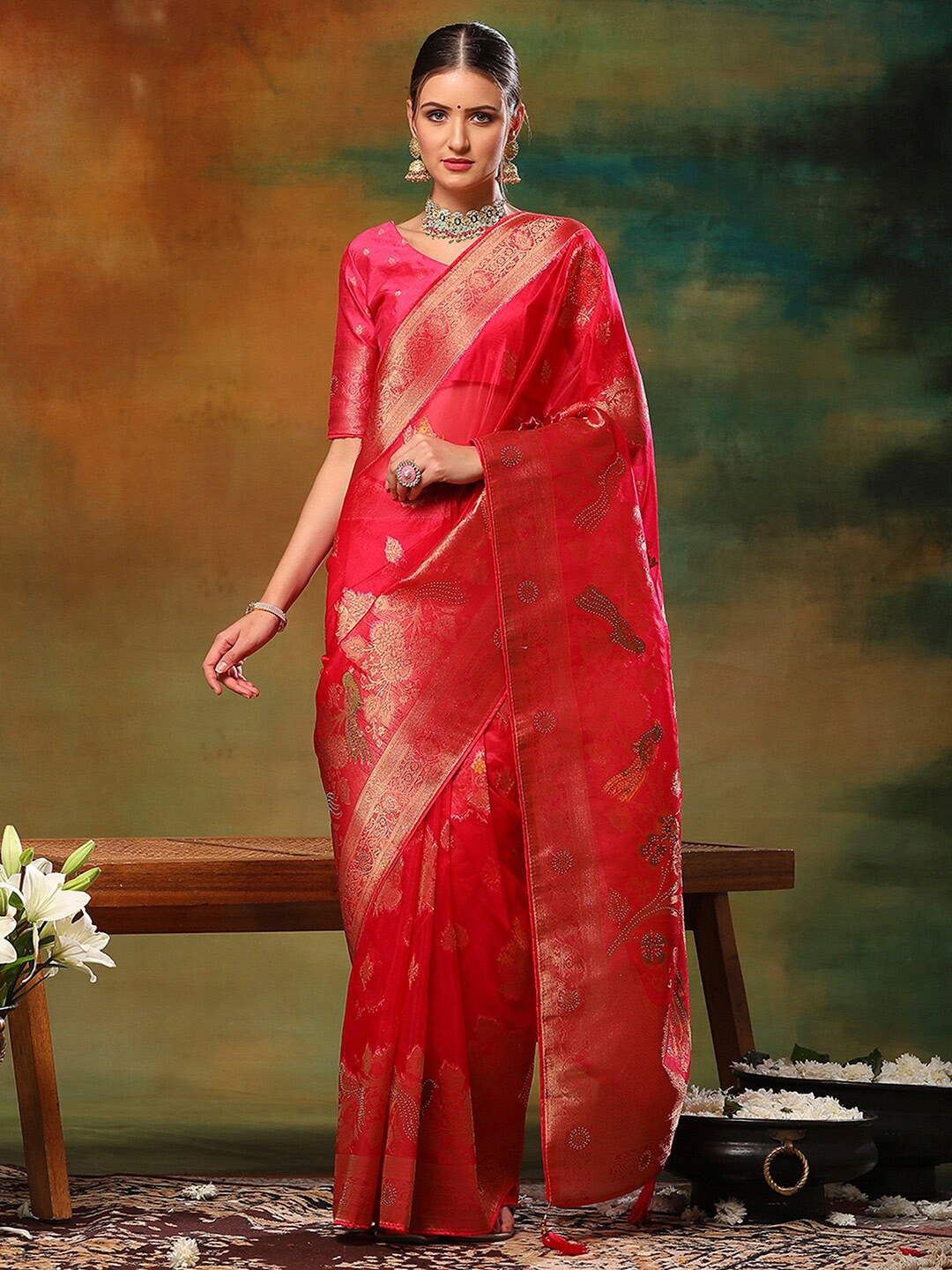 

Anouk Pink Ethnic Motifs Woven Design Organza Banarasi Saree