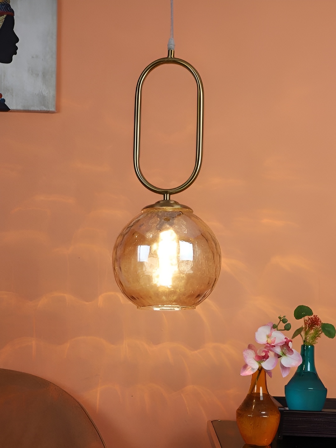 

ELIANTE Gold Toned Textured Abstract Shaped Iron Ceiling Lamp With Adjustable Cord