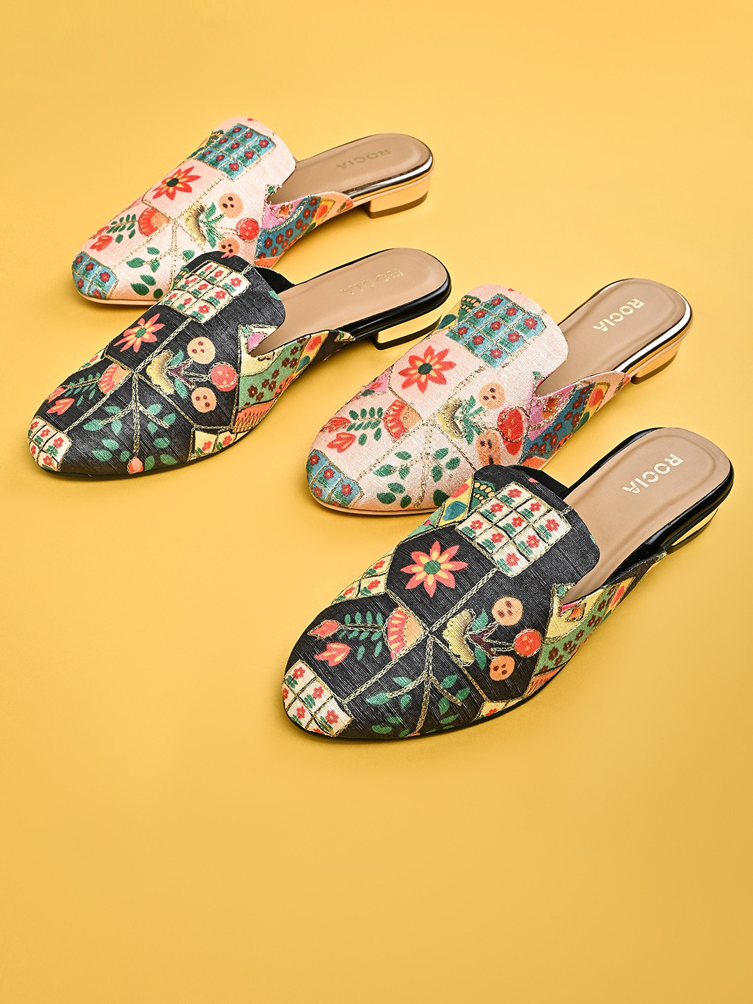 

Rocia Printed Embroidered Mules, Rose gold