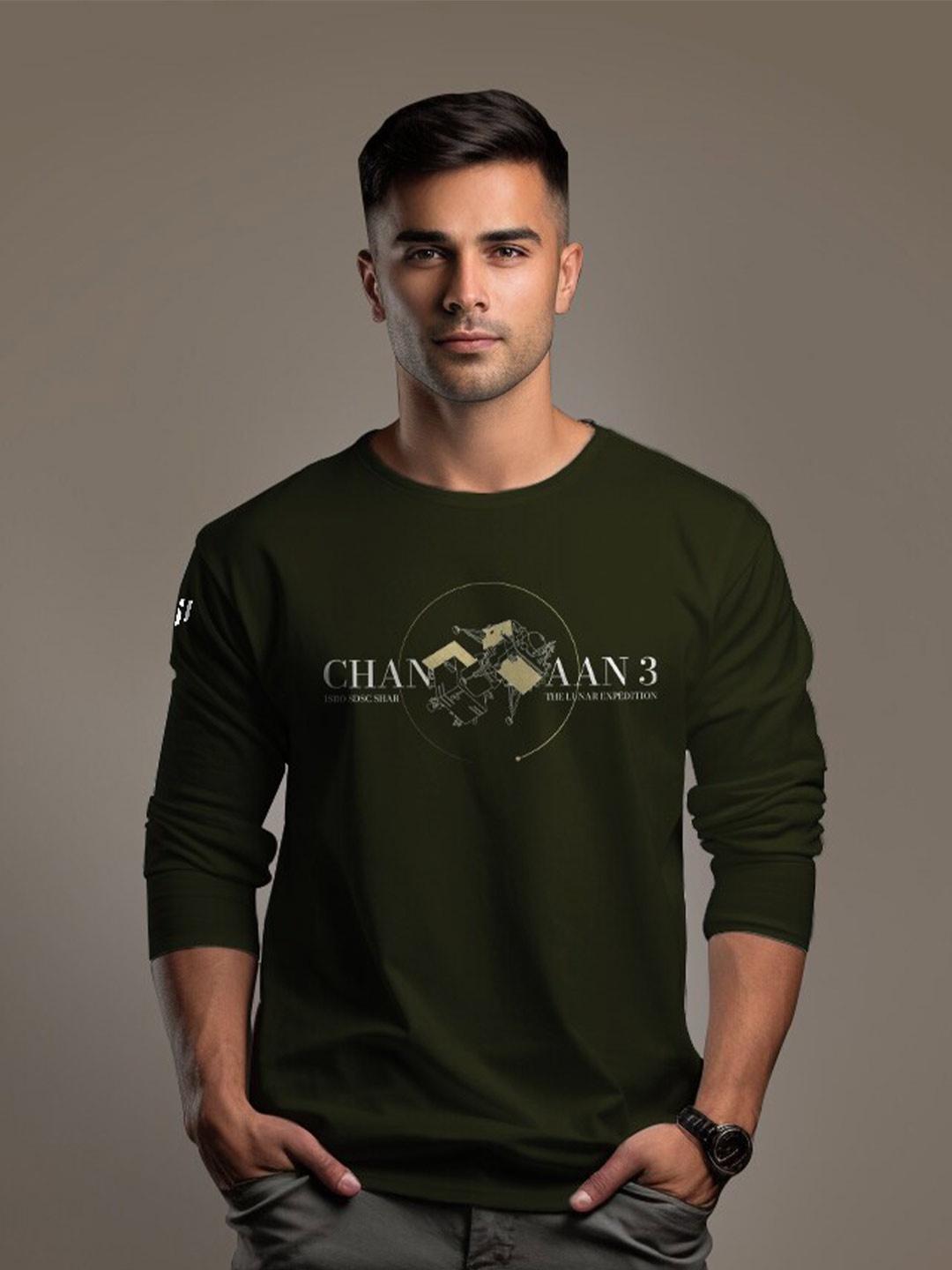 

Aero Armour Chandrayaan 3 Typography Printed Pure Cotton T-shirt, Olive