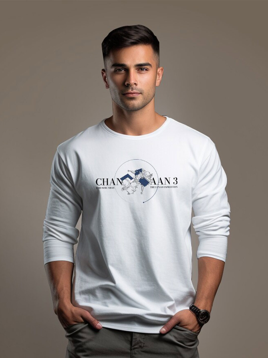 

Aero Armour Unisex Chandrayaan 3 Printed Round Neck Long Sleeves Pure Cotton T-shirt, White