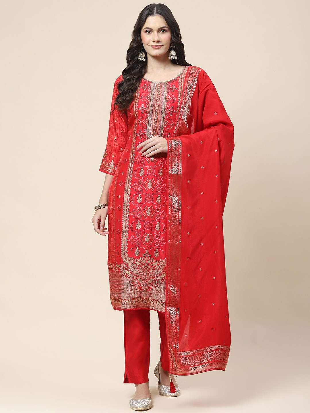 

Meena Bazaar Bandhani Printed Sequined Kurta With Trousers & Dupatta, Red