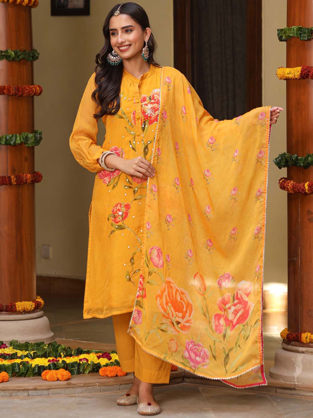 

Meena Bazaar Floral Embroidered Sequinned Straight Kurta With Trousers & Dupatta, Mustard