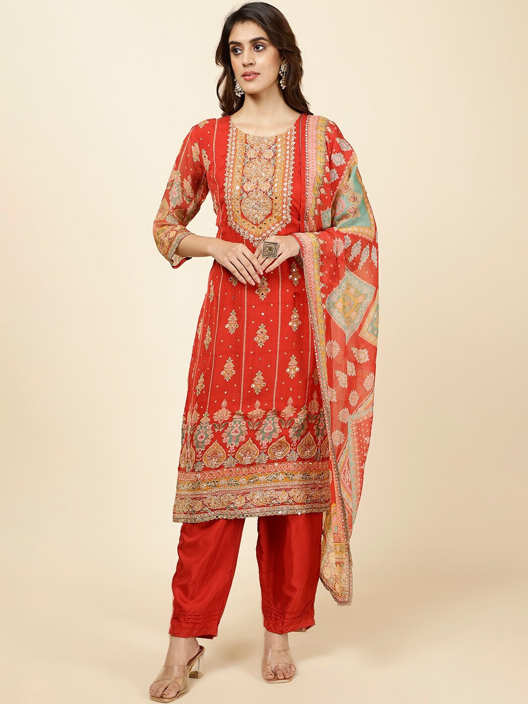 

Meena Bazaar Ethnic Motifs Printed Kurta & Trousers With Dupatta, Red
