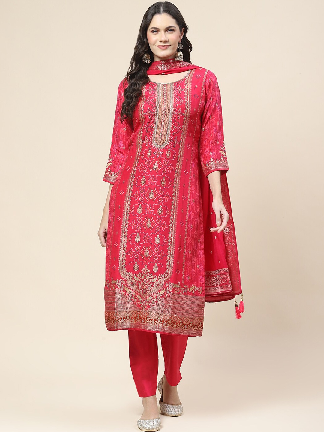 

Meena Bazaar Bandhani Printed Beads & Stones Kurta With Trousers & Dupatta, Pink