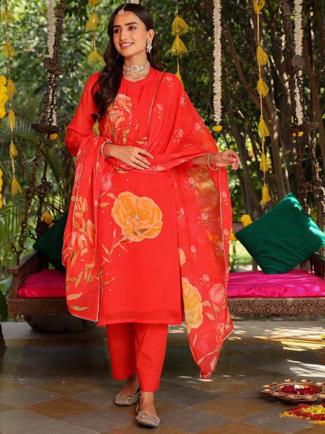 

Meena Bazaar Floral Printed Kurta With Trousers & Dupatta, Coral