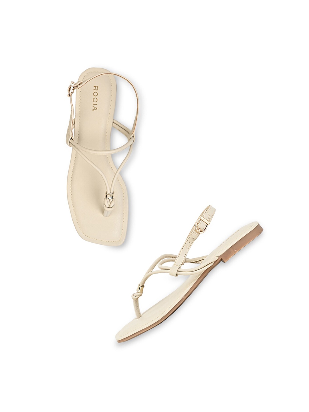 

Rocia Knotted T-Strap Flats With Buckle Closure, Cream