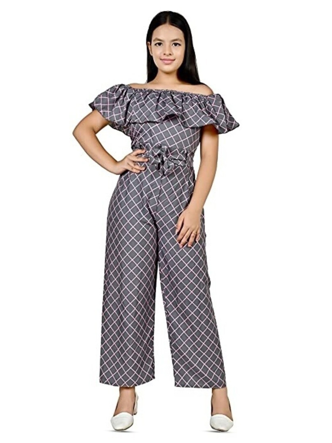

BAESD Girls Checked Off Shoulder Basic Jumpsuit, Grey