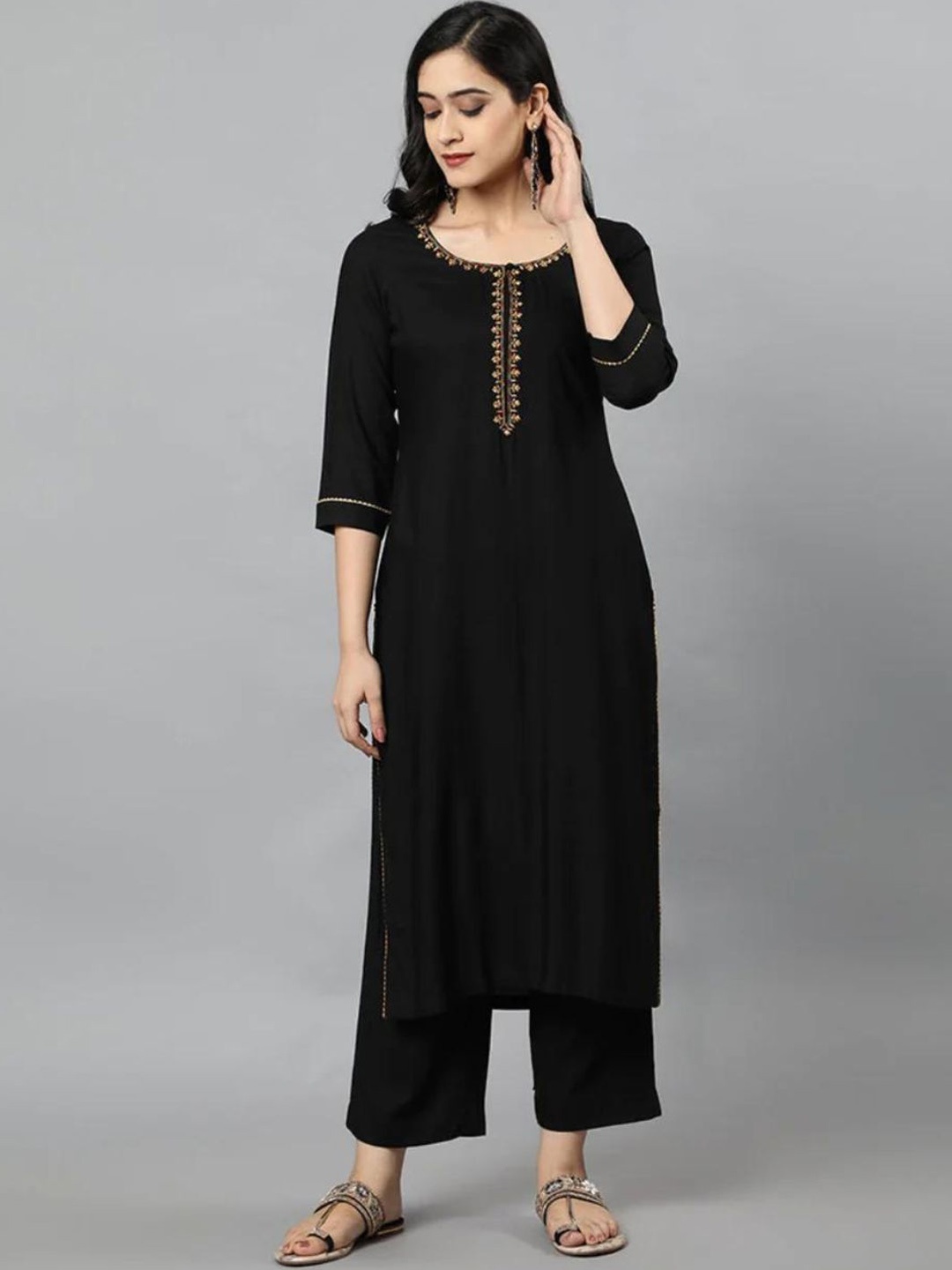 

Mera Rang Ethnic Motifs Embroidered Regular Kurta with Palazzos, Black