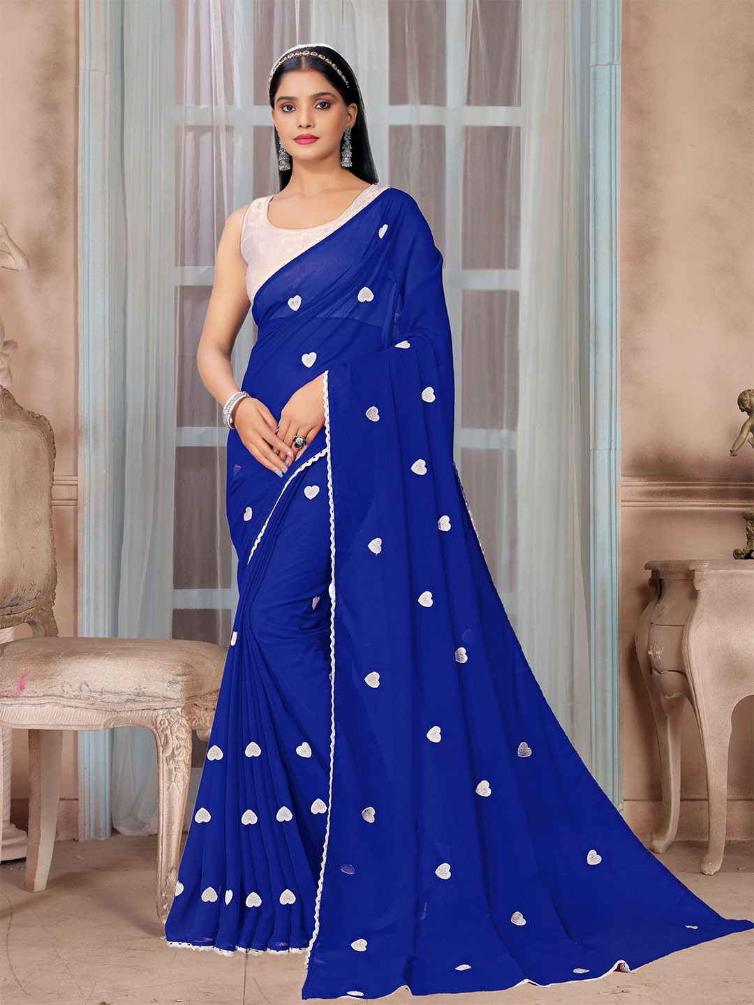 

KALINI Geometric Embroidered Pure Georgette Saree, Blue