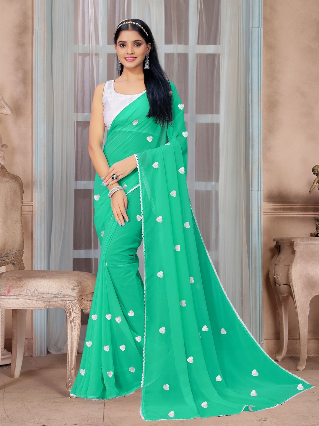 KALINI Embroidered Georgette Saree, Green