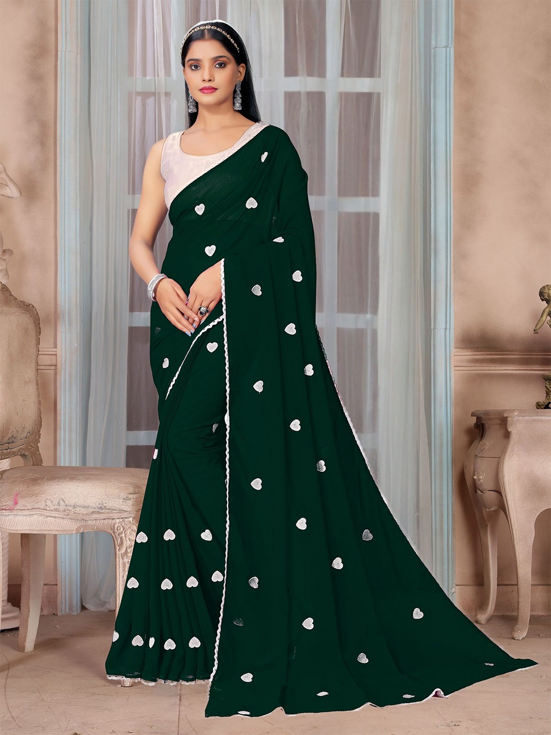 

KALINI Embroidered Pure Georgette Saree, Green