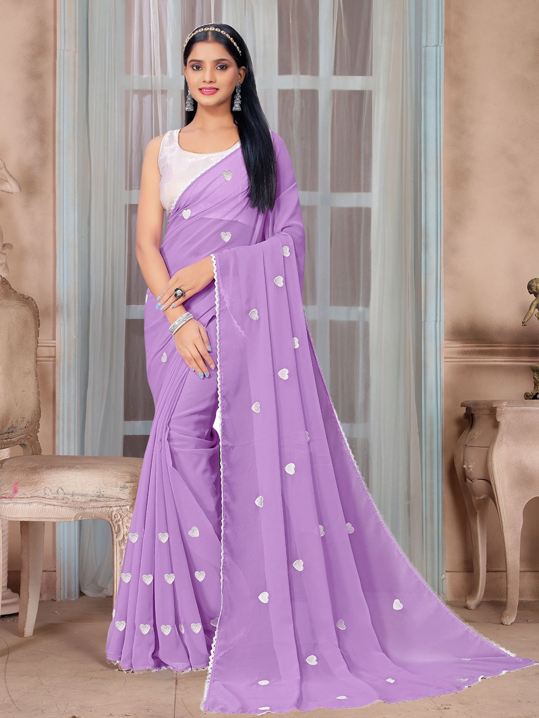 

KALINI Embroidered Pure Georgette Saree, Violet