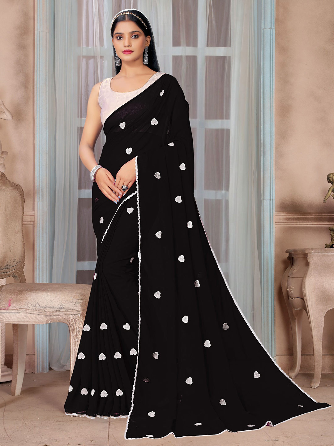 

KALINI Geometric Embroidered Pure Georgette Saree, Black