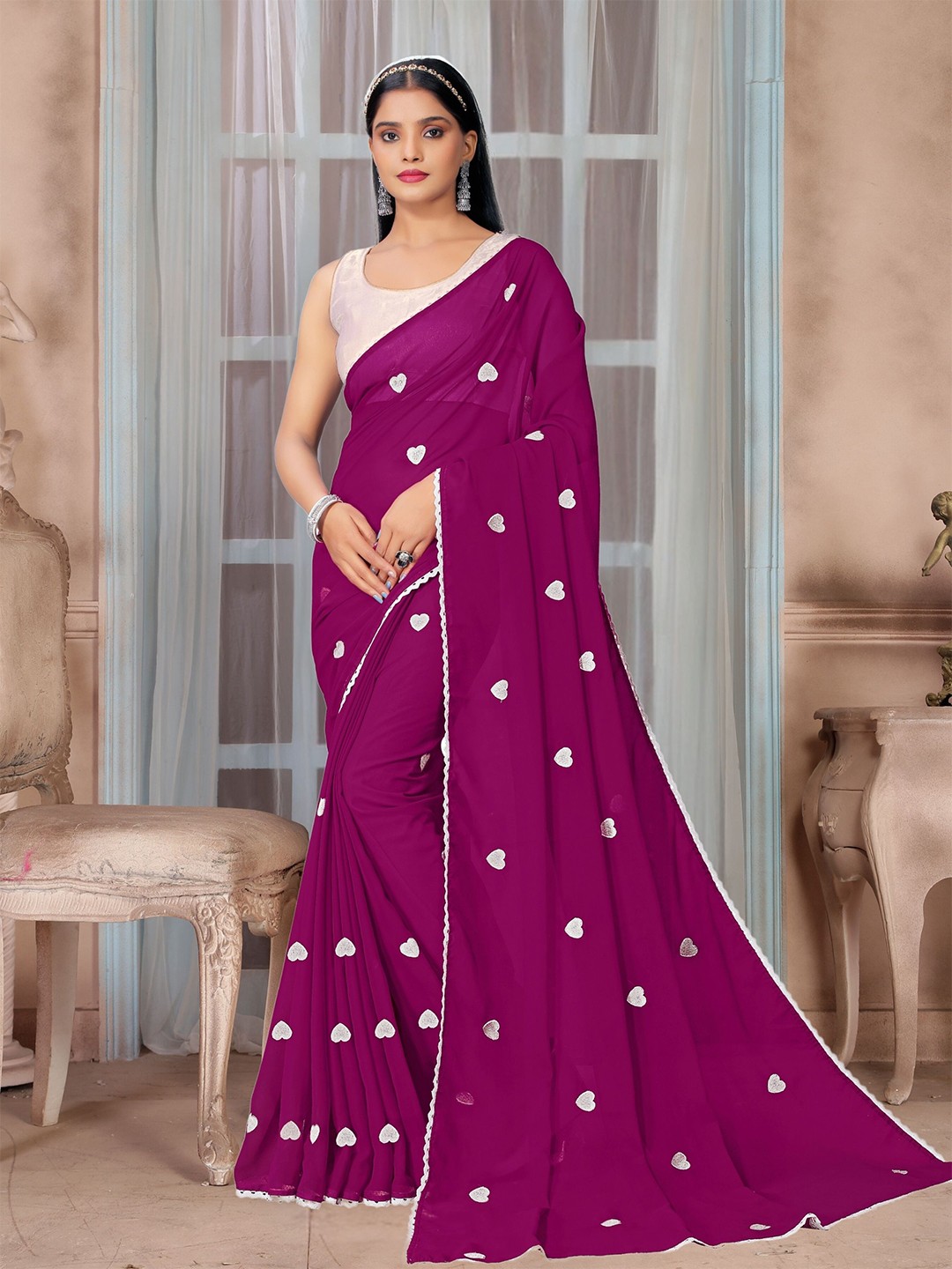 

KALINI Geometric Embroidered Pure Georgette Saree, Purple