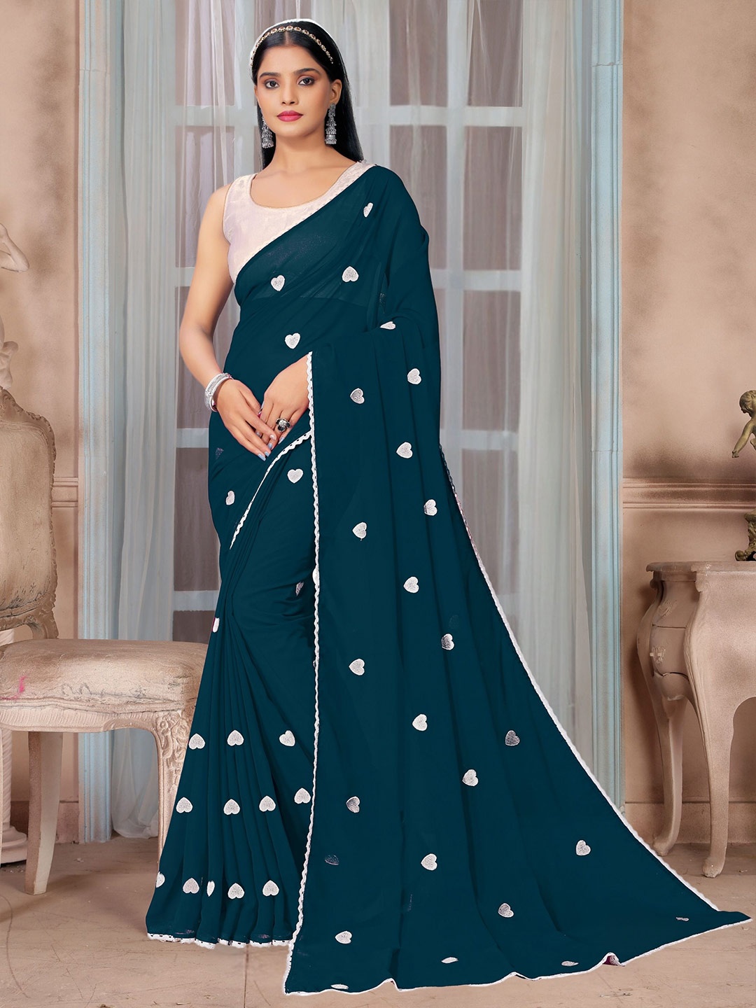 

KALINI Geometric Embroidered Pure Georgette Saree, Turquoise blue