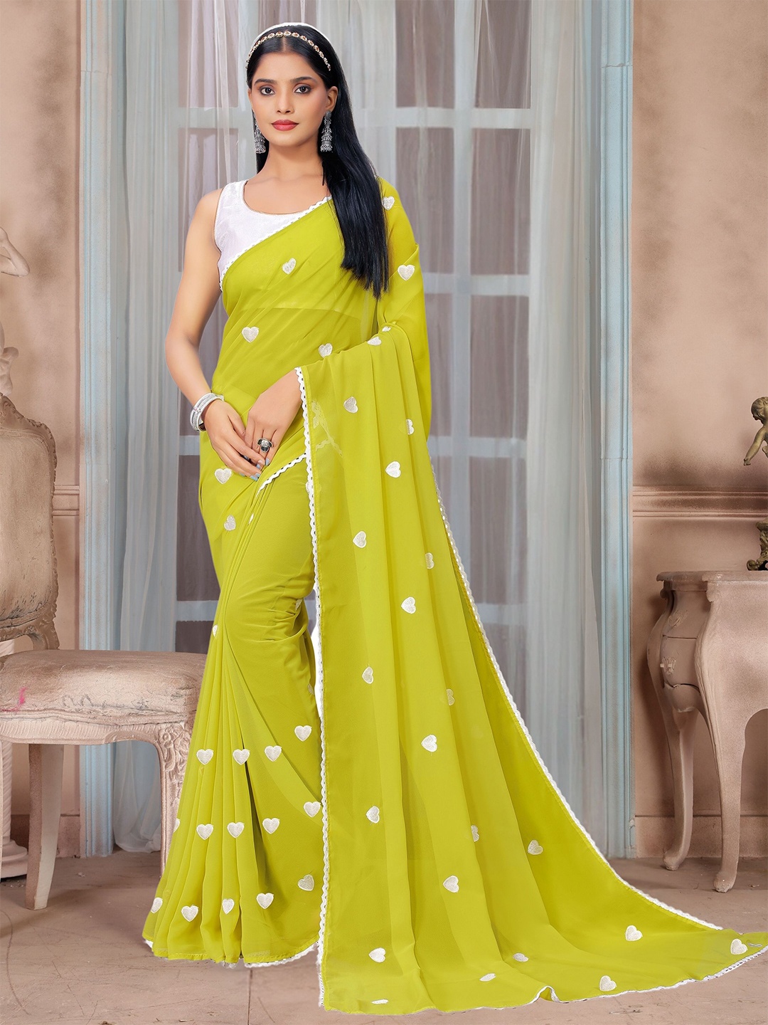 KALINI Geometric Embroidered Pure Georgette Saree, Lime green