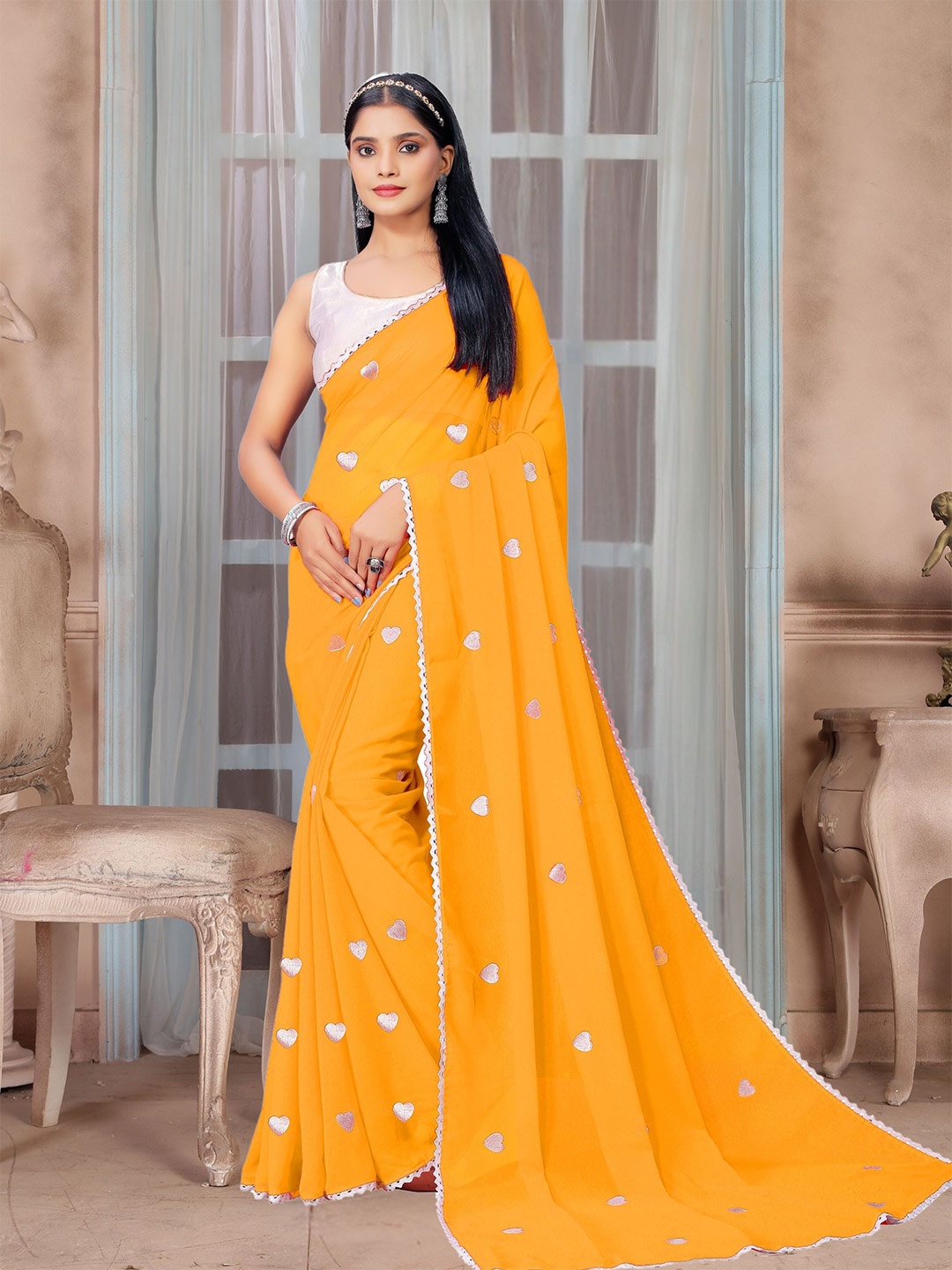 

KALINI Geometric Embroidered Pure Georgette Saree, Yellow