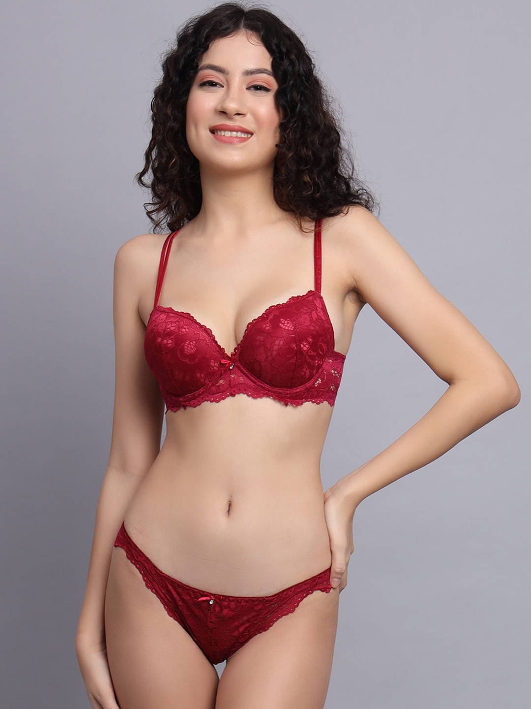 

Nakshu Lace Self Design Lightly Padded Bra With Bikini Brief, Red