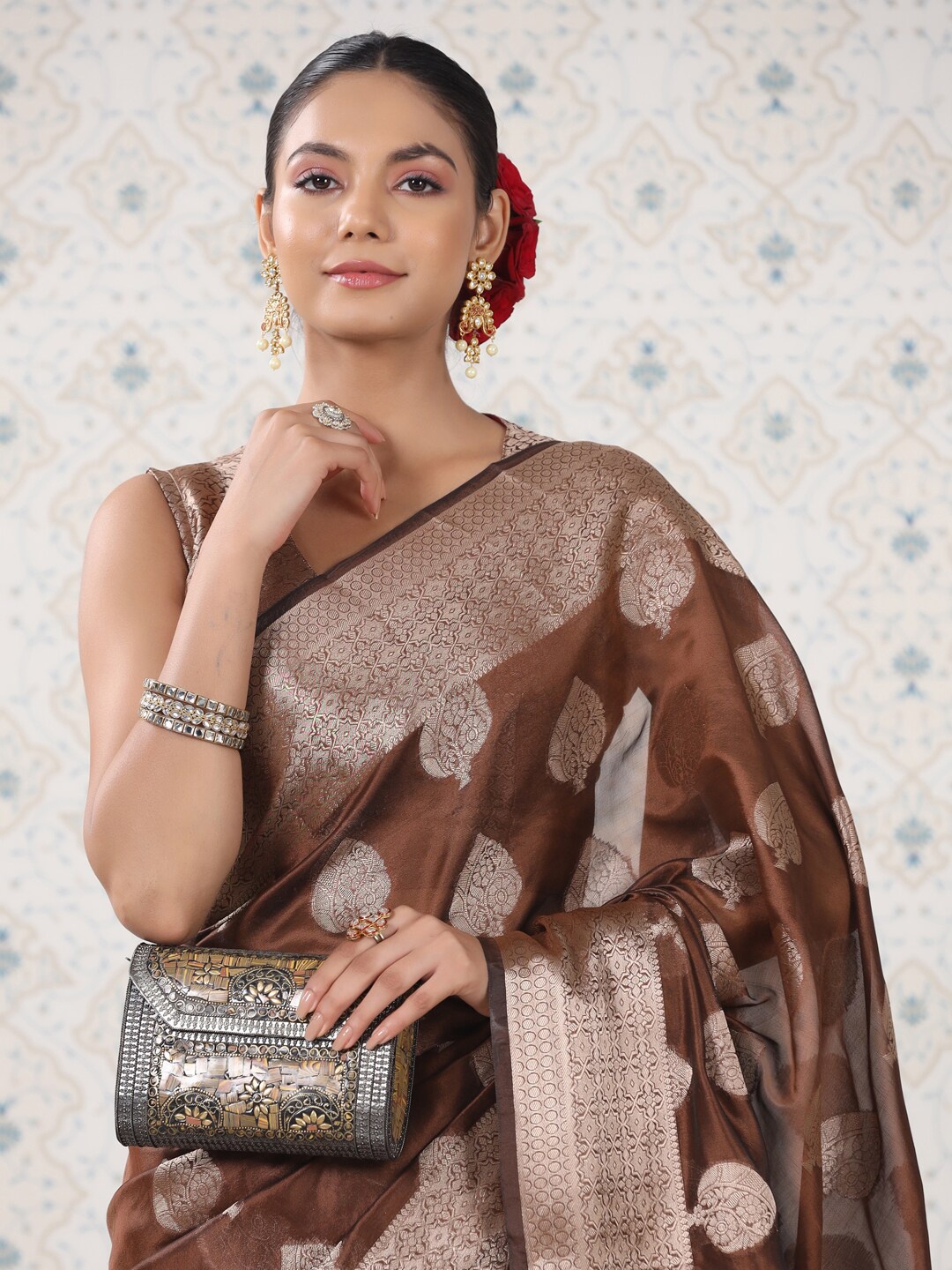 

Ode by House of Pataudi Ethnic Motifs Woven Design Silk Cotton Designer Saree, Brown